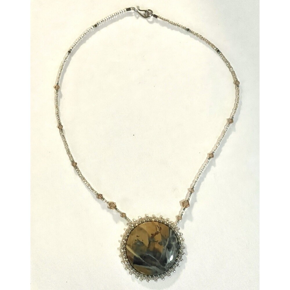 Handmade Artisan Natural Stone Jasper Agate Pendant Necklace Beaded Earthy Boho
